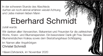 Traueranzeige von Eberhard Schmidt von Märkische Oderzeitung