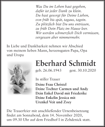 Traueranzeige von Eberhard Schmidt von Märkische Oderzeitung