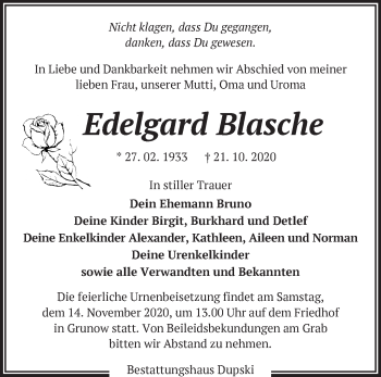 Traueranzeige von Edelgard Blasche von Märkische Oderzeitung