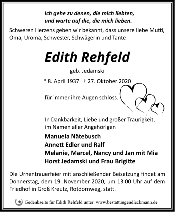 Traueranzeige von Edith Rehfeld von Märkische Oderzeitung