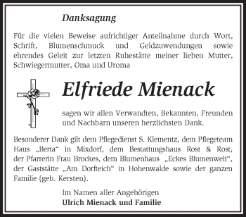 Traueranzeige von Elfriede Mienack von Märkische Oderzeitung