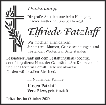 Traueranzeige von Elfriede Patzlaff von Märkische Oderzeitung