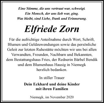 Traueranzeige von Elfriede Zorn von Märkische Oderzeitung