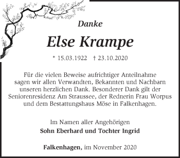 Traueranzeige von Else Krampe von Märkische Oderzeitung