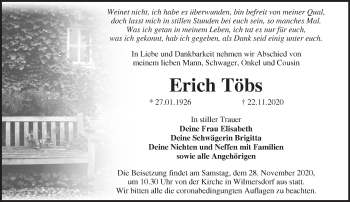 Traueranzeige von Erich Töbs von Märkische Oderzeitung