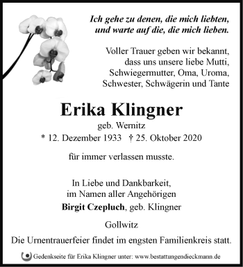 Traueranzeige von Erika Klingner von Märkische Oderzeitung