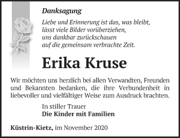 Traueranzeige von Erika Kruse von Märkische Oderzeitung