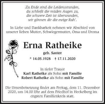 Traueranzeige von Erna Ratheike von Märkische Oderzeitung