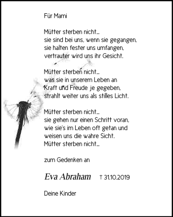 Traueranzeige von Eva Abraham von Märkische Oderzeitung