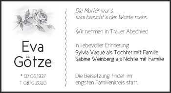 Traueranzeige von Eva Götze von Märkische Oderzeitung