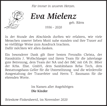 Traueranzeige von Eva Mielenz von Märkische Oderzeitung