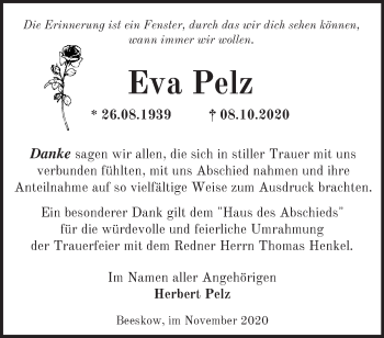 Traueranzeige von Eva Pelz von Märkische Oderzeitung
