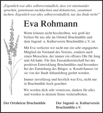 Traueranzeige von Eva Rohmann von Märkische Oderzeitung