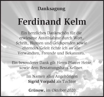 Traueranzeige von Ferdinand Kelm von Märkische Oderzeitung