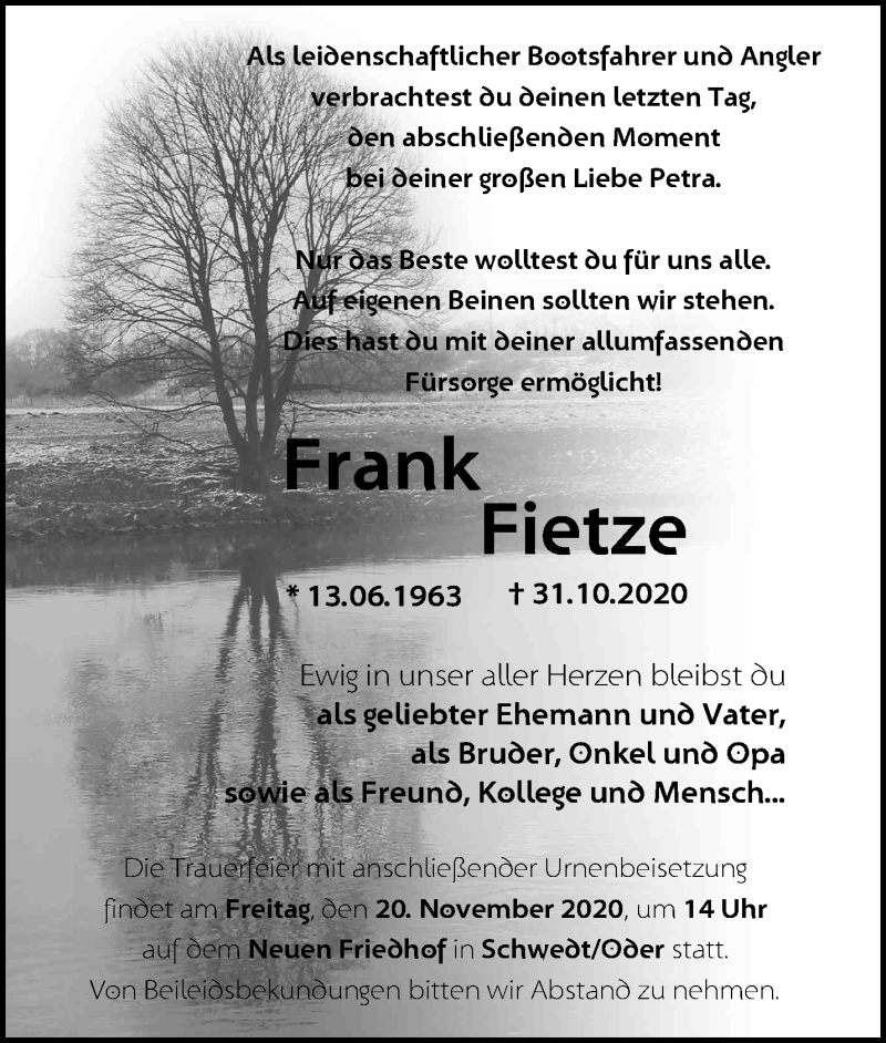  Traueranzeige für Frank Fietze vom 11.11.2020 aus Märkische Oderzeitung