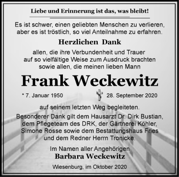 Traueranzeige von Frank Weckewitz von Märkische Oderzeitung