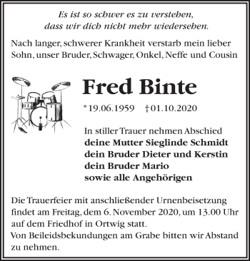 Traueranzeige von Fred Binte von Märkische Oderzeitung