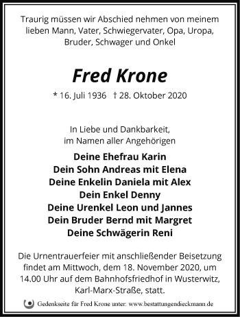 Traueranzeige von Fred Krone von Märkische Oderzeitung