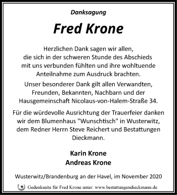 Traueranzeige von Fred Krone von Märkische Oderzeitung