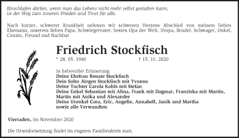 Traueranzeige von Friedrich Stockfisch von Märkische Oderzeitung