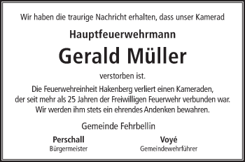 Traueranzeige von Gerald Müller von Märkische Oderzeitung