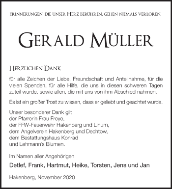 Traueranzeige von Gerald Müller von Märkische Oderzeitung