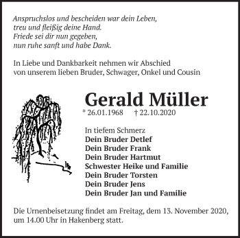 Traueranzeige von Gerald Müller von Märkische Oderzeitung