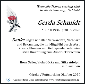 Traueranzeige von Gerda Schmidt von Märkische Oderzeitung