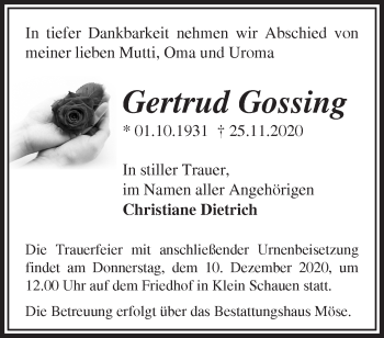 Traueranzeige von Gertrud Gossing von Märkische Oderzeitung