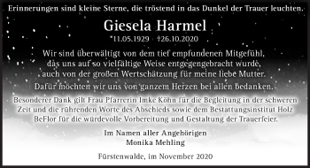 Traueranzeige von Giesela Harmel von Märkische Oderzeitung