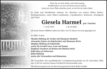 Traueranzeige von Giesela Harmel von Märkische Oderzeitung