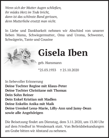 Traueranzeige von Gisela Iben von Märkische Oderzeitung