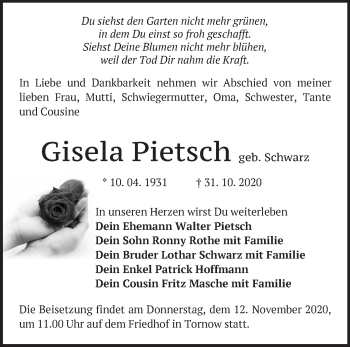 Traueranzeige von Gisela Pietsch von Märkische Oderzeitung