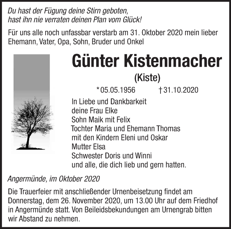  Traueranzeige für Günter Kistenmacher vom 15.11.2020 aus Märkische Oderzeitung