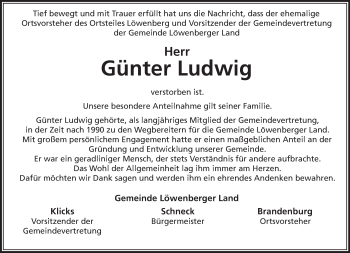 Traueranzeige von Günter Ludwig von Märkische Oderzeitung