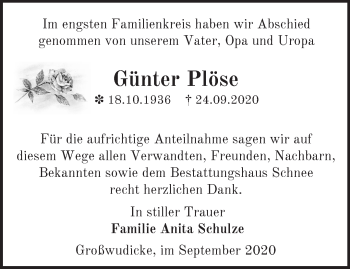 Traueranzeige von Günter Plöse von Märkische Oderzeitung