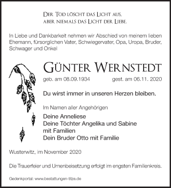 Traueranzeige von Günter Wernstedt von Märkische Oderzeitung