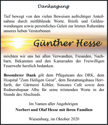 Traueranzeige von Günther Hesse von Märkische Oderzeitung