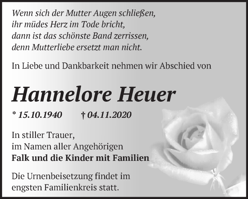 Traueranzeigen Von Hannelore Heuer Märkische Onlinezeitung Trauerportal