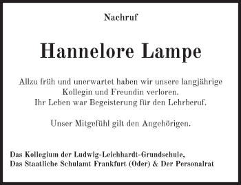 Traueranzeige von Hannelore Lampe von Märkische Oderzeitung