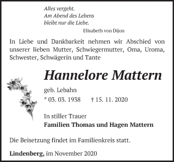 Traueranzeige von Hannelore Mattem von Märkische Oderzeitung