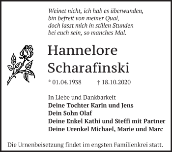 Traueranzeige von Hannelore Scharafinski von Märkische Oderzeitung