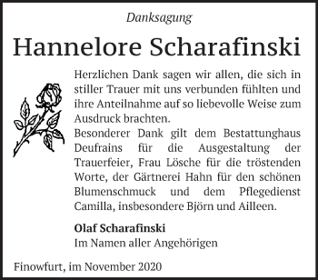 Traueranzeige von Hannelore Scharafinski von Märkische Oderzeitung