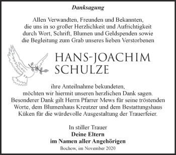 Traueranzeige von Hans-Joachim Schulze von Märkische Oderzeitung