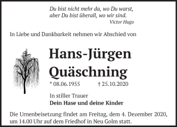 Traueranzeige von Hans-Jürgen Quäschning von Märkische Oderzeitung