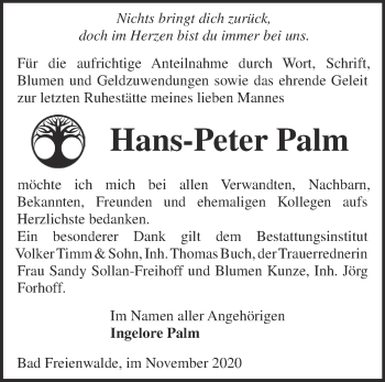 Traueranzeige von Hans-Peter Palm von Märkische Oderzeitung