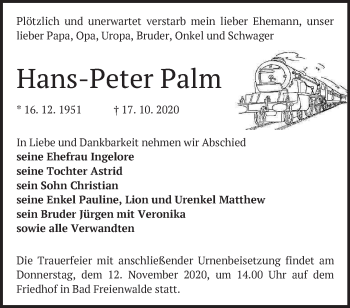 Traueranzeige von Hans-Peter Palm von Märkische Oderzeitung