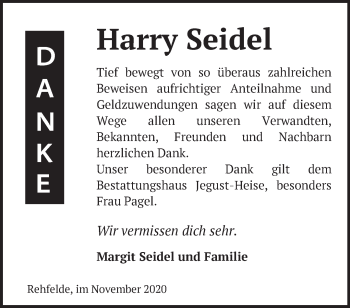 Traueranzeige von Harry Seidel von Märkische Oderzeitung