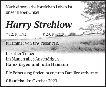 Traueranzeige von Harry Strehlow von Märkische Oderzeitung