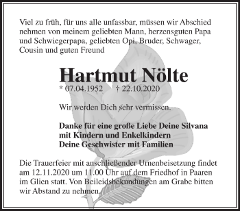 Traueranzeige von Hartmut Nölte von Märkische Oderzeitung